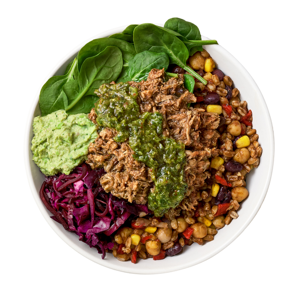 Jerk BBQ Pulled Pork, Green Chilli & Chickpea Grain Bowl