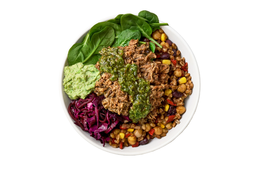 Jerk BBQ Pulled Pork, Green Chilli & Chickpea Grain Bowl