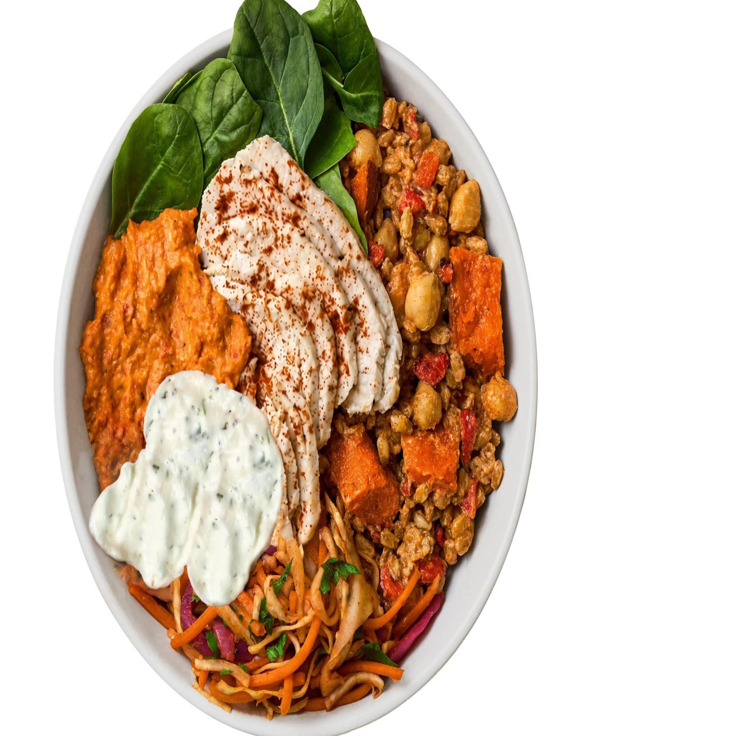 CHICKEN SHAWARMA GRAIN BOWL WITH GARLIC & HERB DRESSING AND RED PEPPER ...