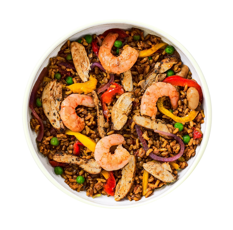 King Prawn with Chicken Paella and Roasted Veg